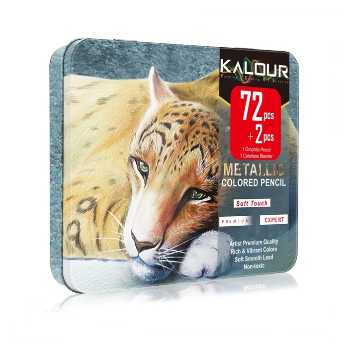 مدادرنگی متالیک 72 رنگ کالور KALOUR جعبه فلزی طرح پلنگ